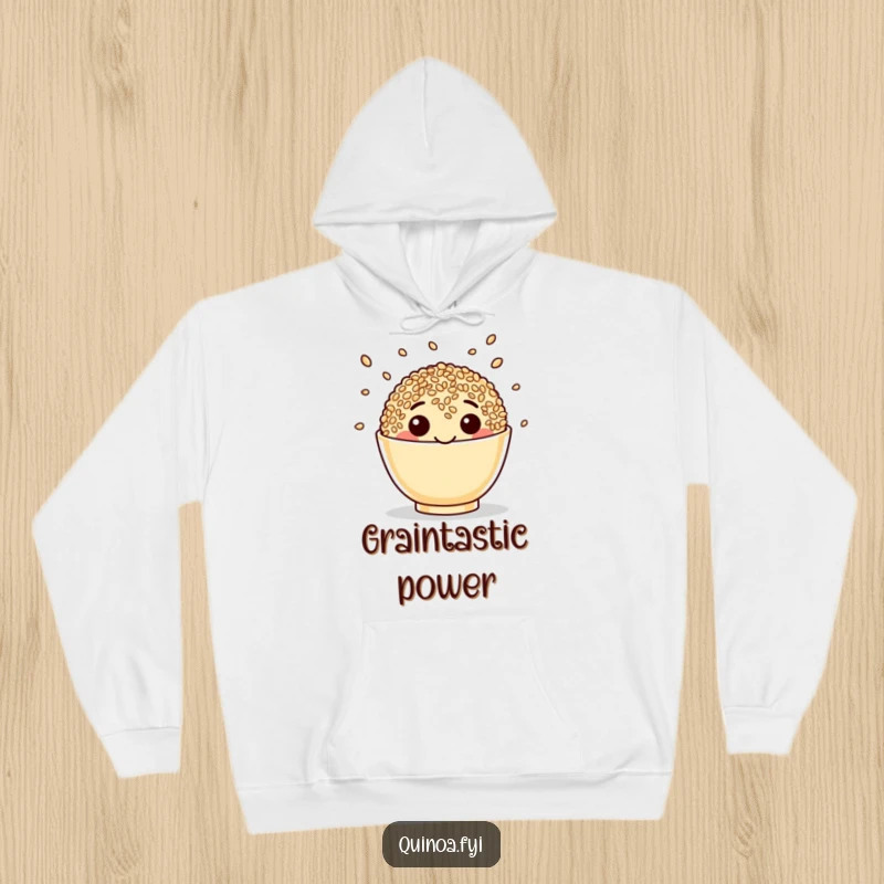 Funny Quinoa Hoodie showing a beaming happy face juggling seeds, perfect for cozy and humorous moments.