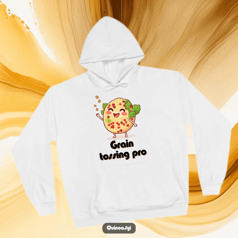 Funny smiling, anthropomorphic quinoa salad tossing a tiny grain hoodie, designed for comfort and a touch of playful culinary artistry.