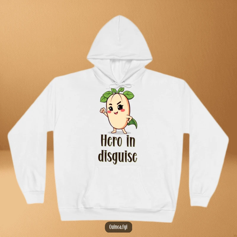 Funny hoodie with a winking anthropomorphic legume in a superhero stance, offering a warm and humorous statement piece.