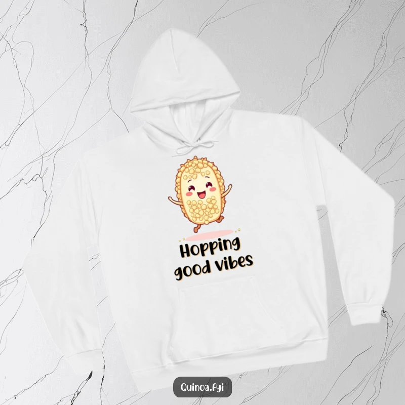 Funny hoodie displaying a charming quinoa grain character in mid-hop, perfect for staying warm while showcasing a funny and joyful design.