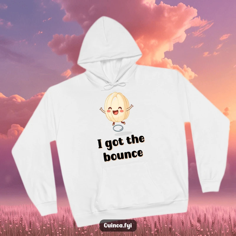 Funny hoodie showcasing a happy anthropomorphic grain of rice joyfully bouncing on a spring, embodying pure fun and lightheartedness.