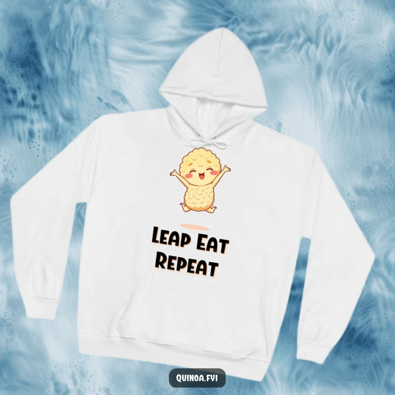 Funny hoodie showcasing a beaming quinoa character in a tiny, joyful leap, perfect for cozy days and a good laugh, a great funny gift.