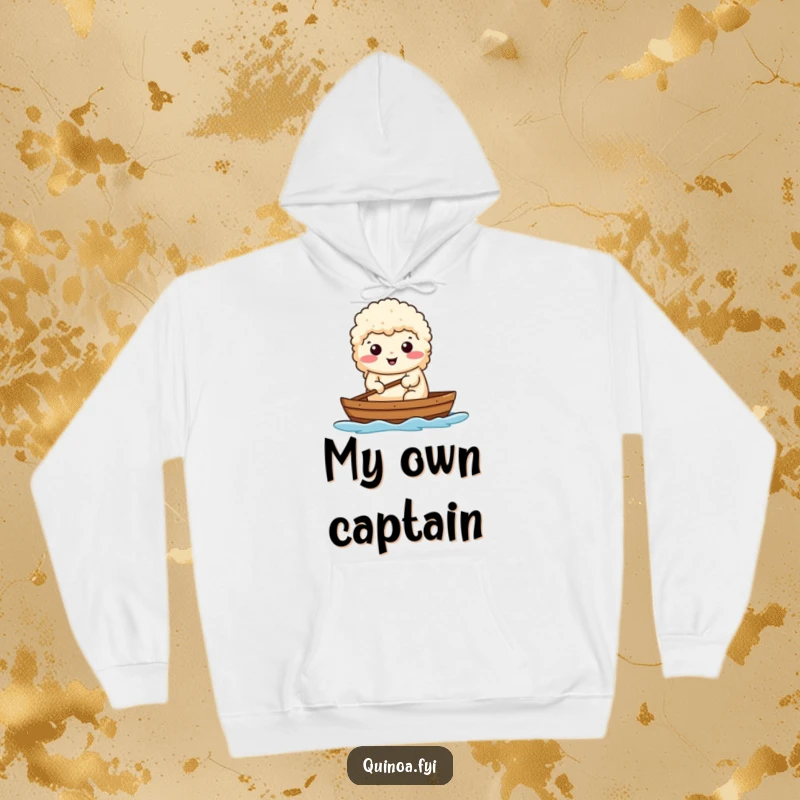 Funny hoodie depicting a determined quinoa character rowing a small boat, symbolizing focused journeys.
