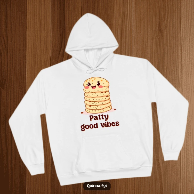 Funny Quinoa Patties Hoodie depicting a delighted stack of patties wiggling with glee, perfect for cozy and comical moments.