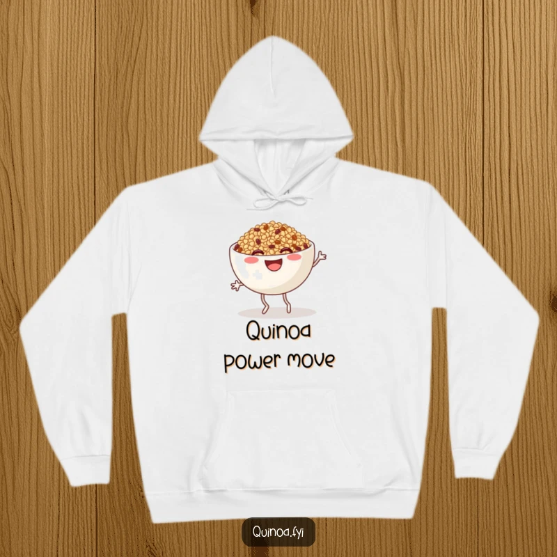 Funny Quinoa Hoodie: A smiling quinoa bowl character with legs performing a lively jig, offering warmth and humorous delight.
