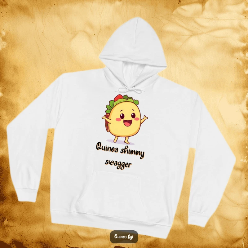 Funny Taco Hoodie: A delighted taco character with a quinoa filling doing a happy shimmy, offering warmth and festive humor.