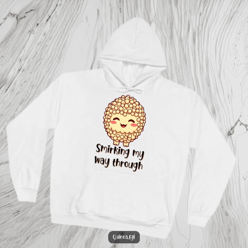 Funny hoodie featuring a smiling quinoa cluster character with a cheeky grin, offering warmth and a dash of humor.