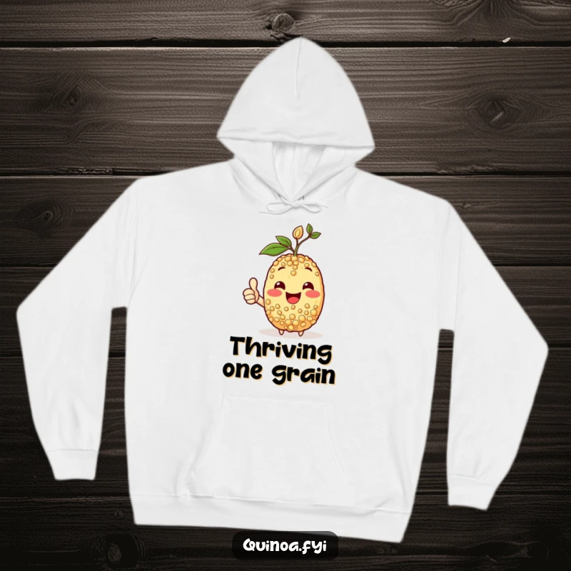 Funny hoodie showing a happy quinoa character with a sprout, giving a thumbs-up, offering warmth and positive vibes.