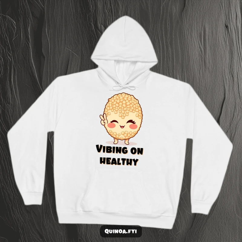 Funny hoodie features a cheerful, winking quinoa grain boldly displaying a peace sign, ready to spread positivity.