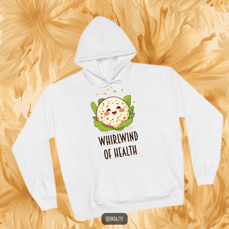 Funny quinoa salad hoodie with a happy salad and a cheerful expression, joyfully spinning around.
