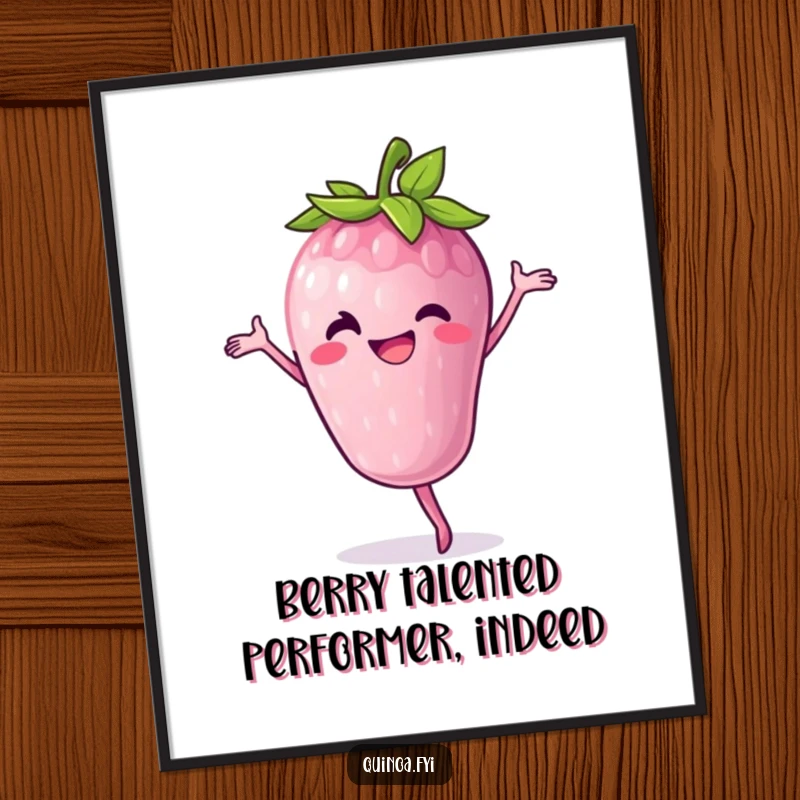 Funny Free Printable Wall Art: Anthropomorphic berry performs a joyful pirouette with a wide, cheerful grin.