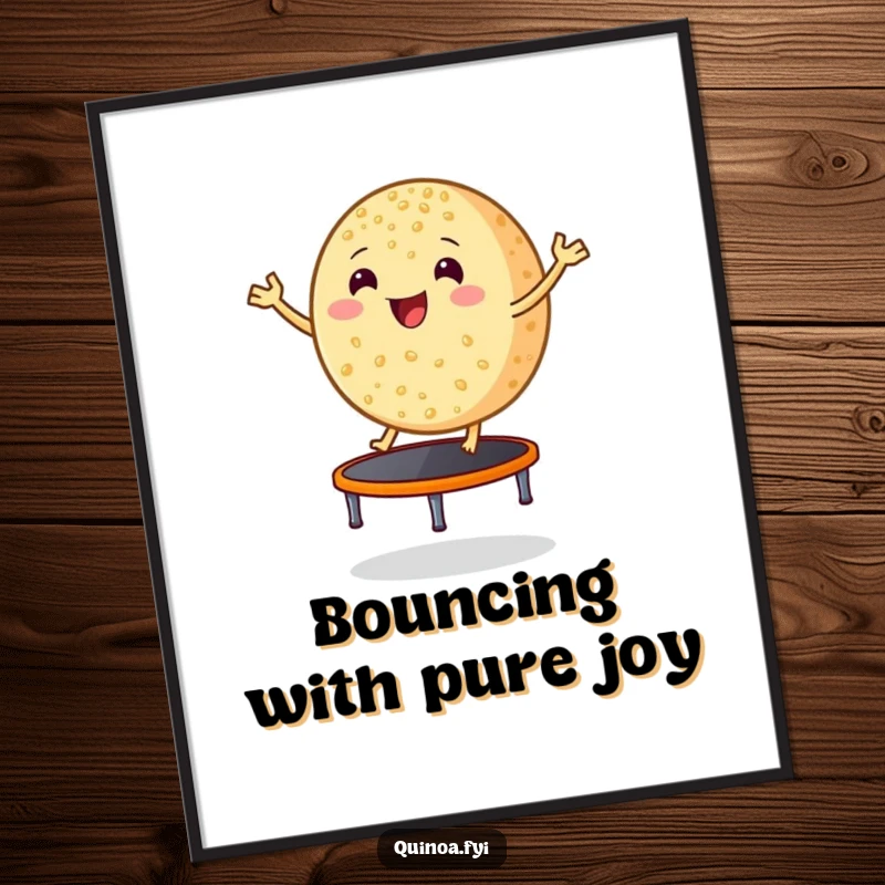 Funny Free Printable Wall Art: A smiling round quinoa grain gleefully bouncing on a tiny trampoline.