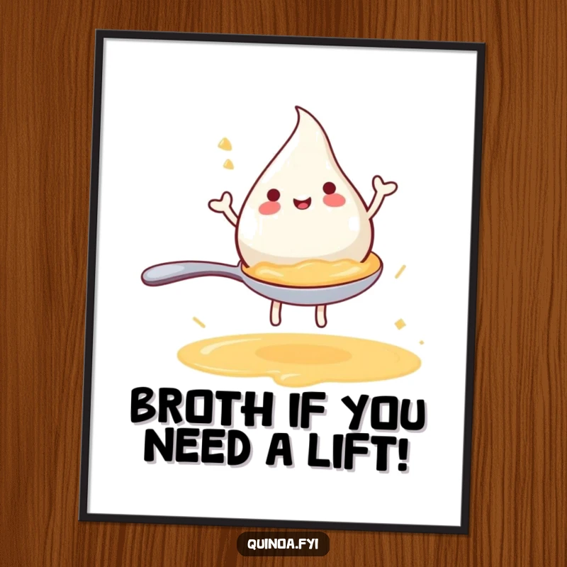 Funny Free Printable Wall Art of a happy broth droplet joyfully riding a miniature spoon, bringing smiles.