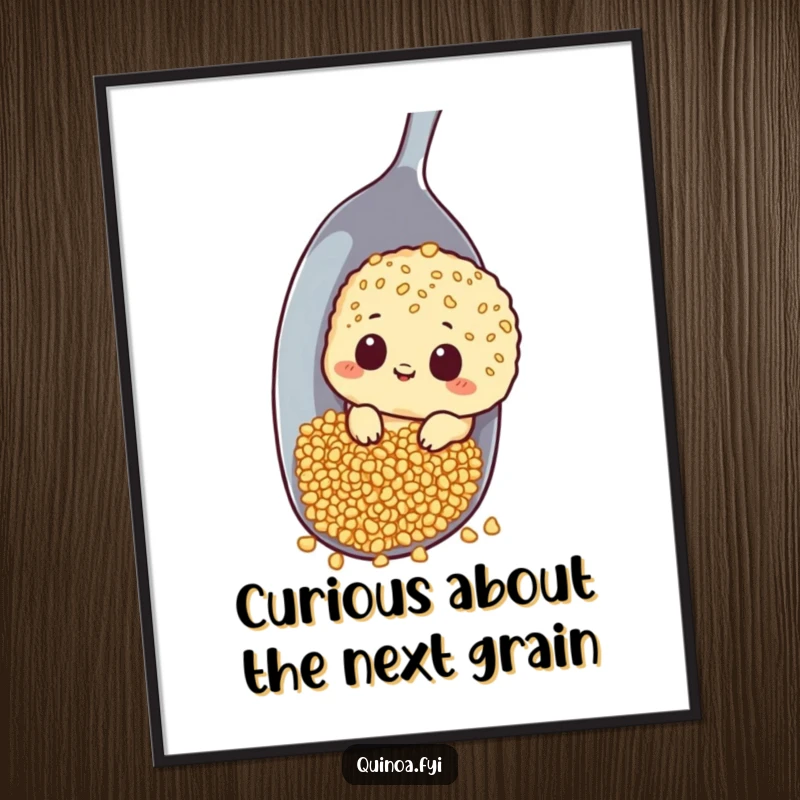 Funny Free Printable Wall Art: A curious quinoa peeking around a giant spoon, with a look of wonder and playful intrigue.