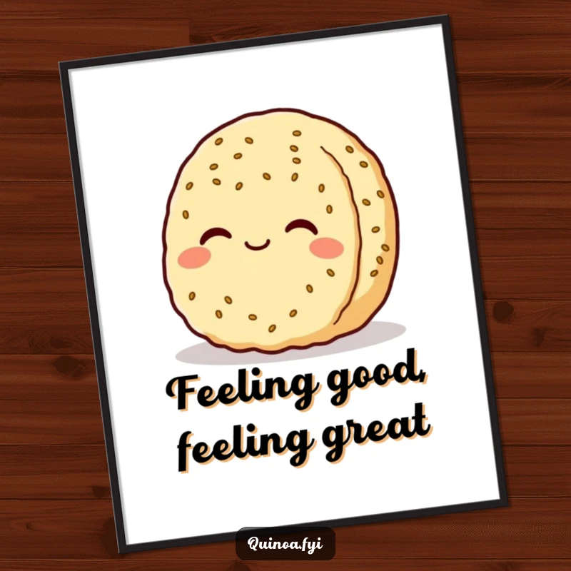 Funny Free Printable Wall Art: A contented quinoa patty character is shown with a gentle, serene smile, radiating warmth and peace.