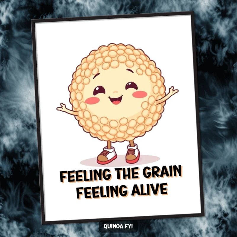 Free Printable Wall Art: A cheerful, round quinoa grain in tiny shoes spins happily, creating a fun and vibrant piece of downloadable art.