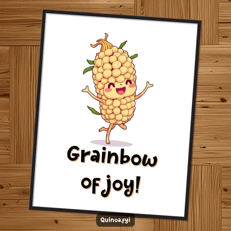 Funny Free Printable Wall Art: Quinoa stalk character captured mid-flamboyant twirl, radiating joy and whimsy.