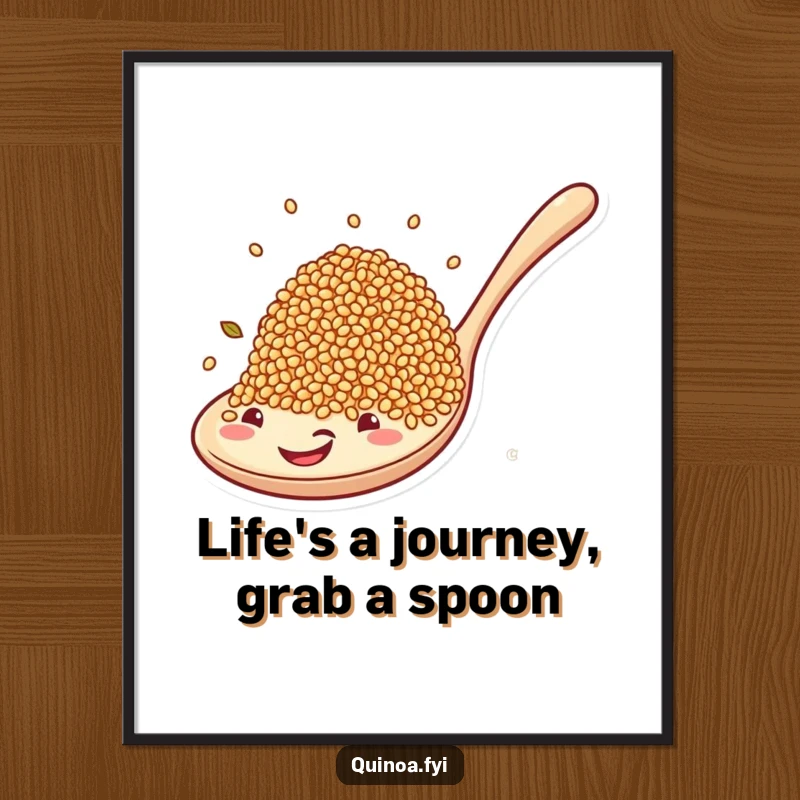Funny Free Printable Wall Art: Whimsical quinoa grains joyfully riding a massive smiling spoon, adding humor to decor.