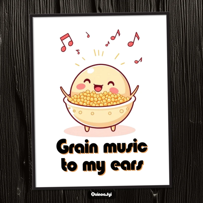 Funny free printable wall art of a beaming anthropomorphic quinoa dish with musical notes floating around it, adding a playful vibe.