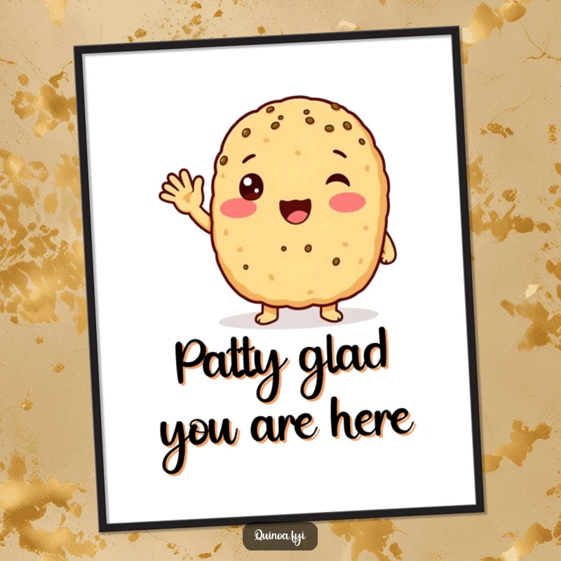 Funny free printable wall art of an excited anthropomorphic quinoa patty waving a friendly hello, radiating warmth and personality.