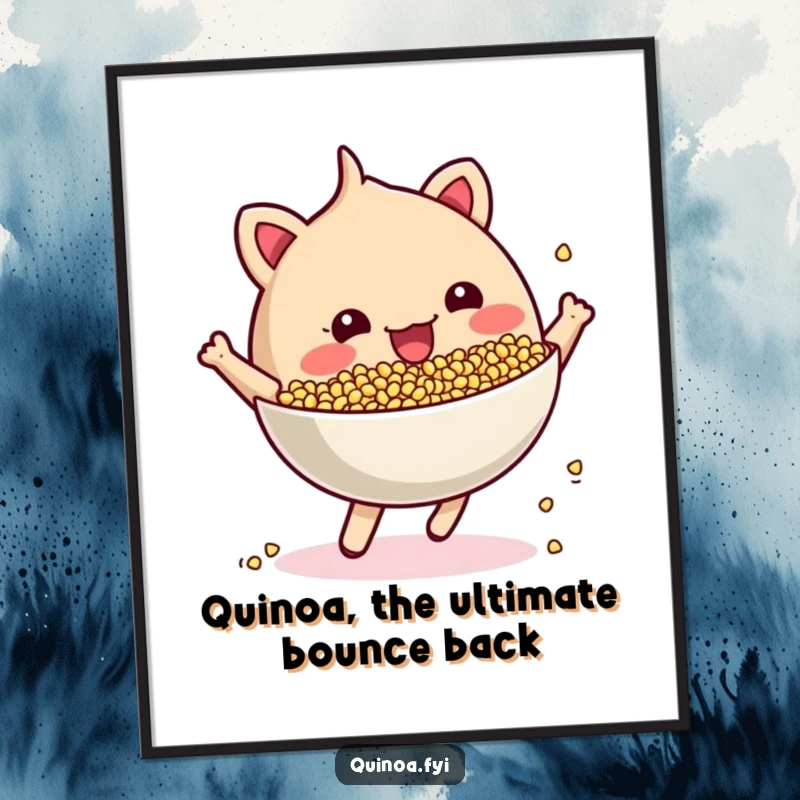 Funny free printable wall art of a cheerful anthropomorphic quinoa bowl captured mid-bounce, radiating energy and happiness.
