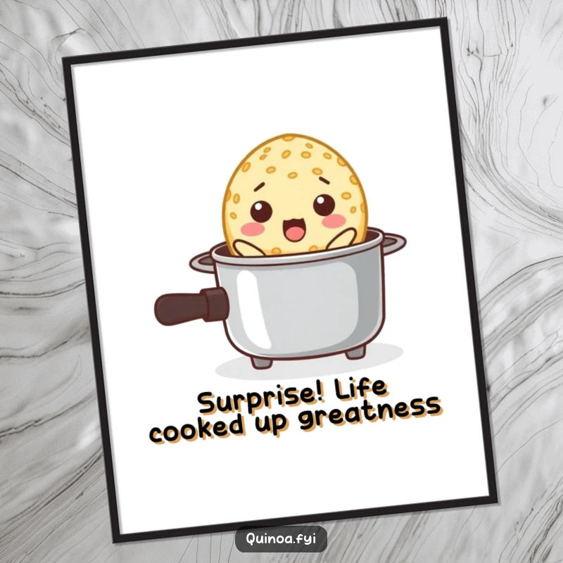 Funny Free Printable Wall Art: A shocked quinoa grain bursts from a miniature cooking pot, creating a humorous and eye-catching piece of decor.