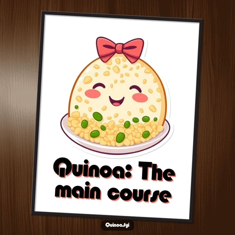 Funny Free Printable Wall Art: Beaming plate of quinoa with a happy grin giving a bow, humorous foodie illustration.