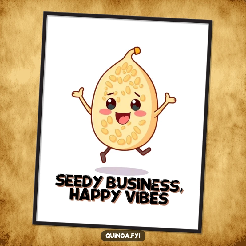 Funny Free Printable Wall Art: A cheerful quinoa seed character is captured mid-bounce, radiating pure energy and happiness.