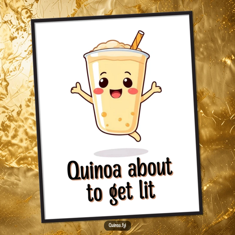 Funny Free Printable Wall Art: Bubbly quinoa drink with a smiley face leaping joyfully, a humorous foodie illustration.