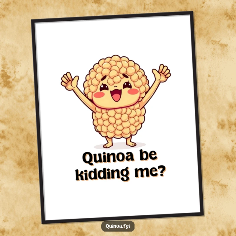 Funny Free Printable Wall Art: Cheerful quinoa cluster with a determined expression, arms raised skyward in a powerful motivational stance.