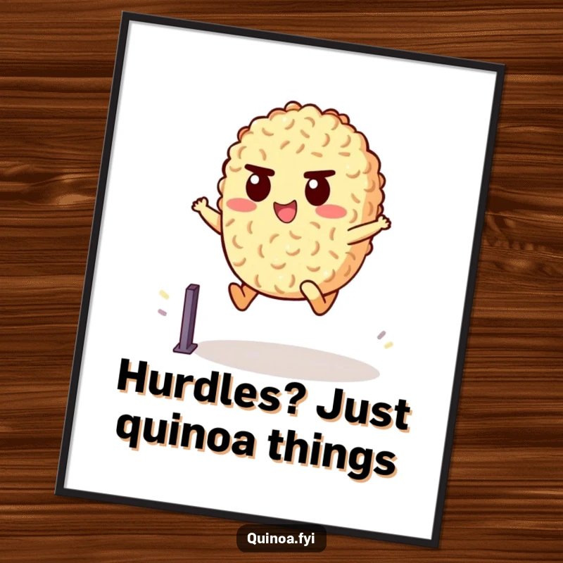 Funny Free Printable Wall Art depicting a cheerful quinoa character determinedly leaping over a small hurdle, embodying resilience and fun.