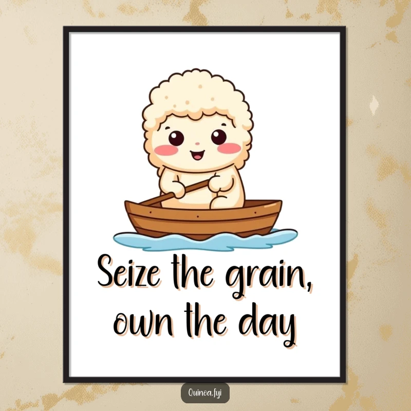 Funny Free Printable Wall Art: A determined quinoa with a confident smile, rowing a tiny boat, symbolizing perseverance and a journey well-traveled.