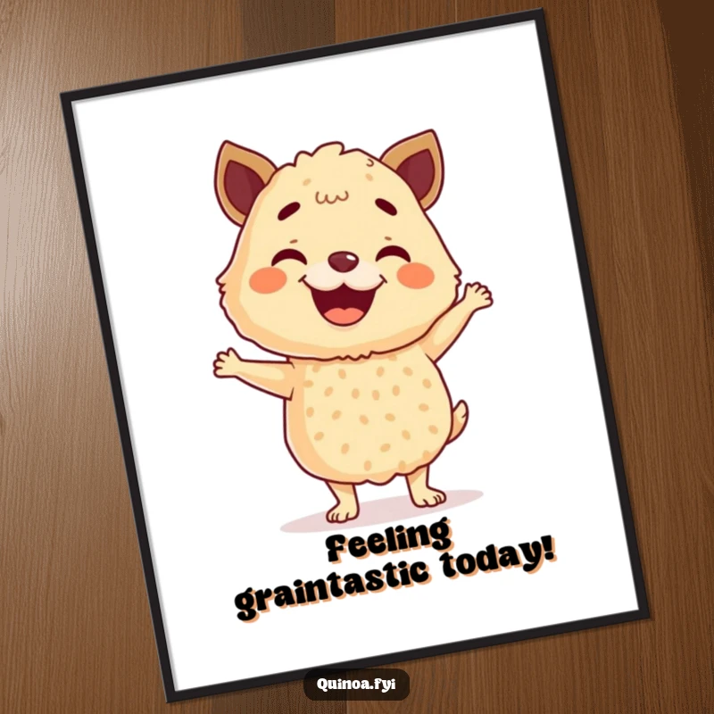 Funny Free Printable Wall Art featuring an anthropomorphic quinoa blend joyfully dancing, perfect for a whimsical kitchen.