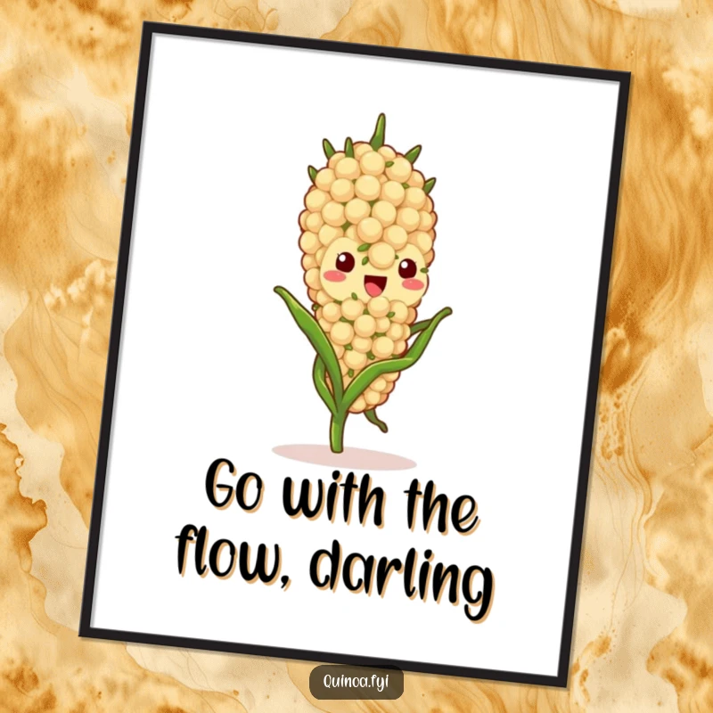 Funny Free Printable Wall Art: A delightful quinoa stalk character is depicted mid-sway, embodying natural grace and peaceful movement.