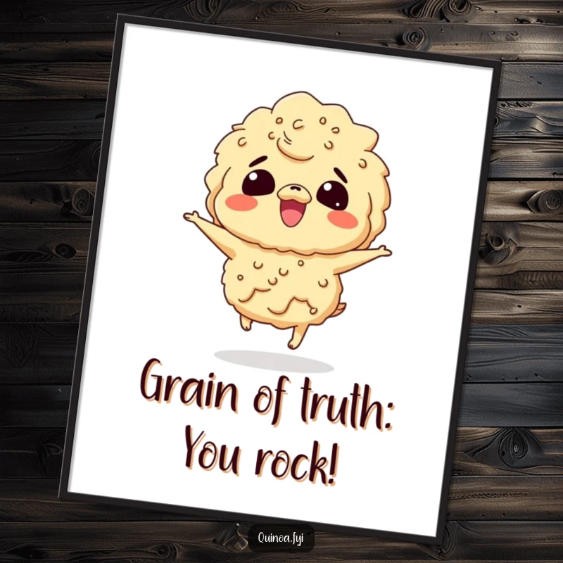 Funny Free Printable Wall Art: A giggling quinoa character bouncing with pure excitement, bringing cheerful and organic vibes to your walls.