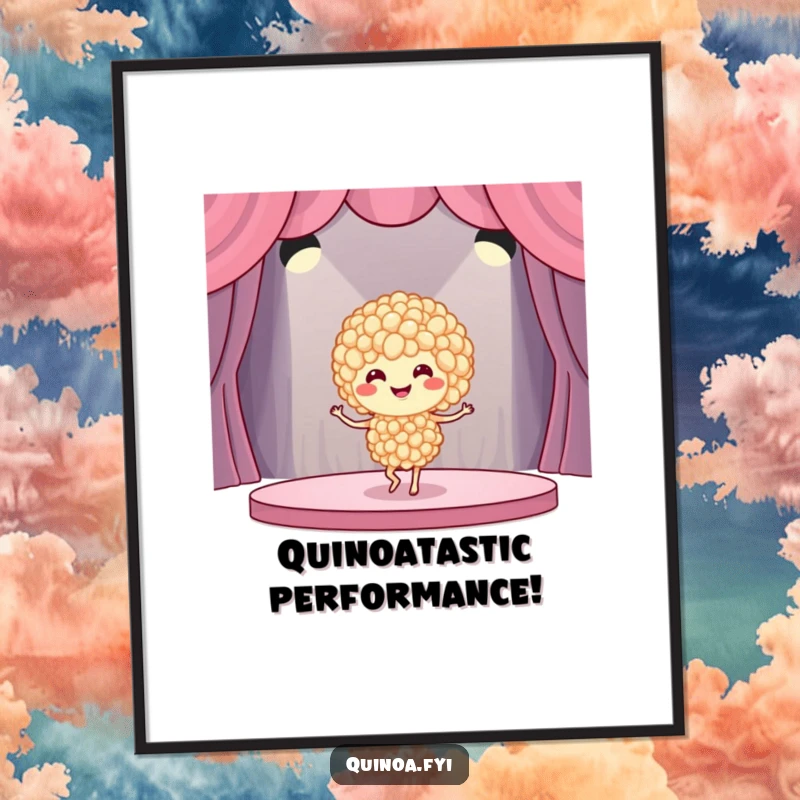 Funny Free Printable Wall Art: A smiling quinoa character dancing joyfully on a small stage.