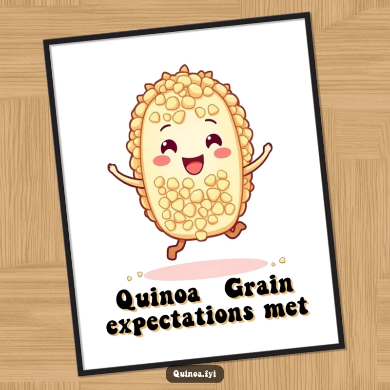 Funny Free Printable Wall Art: A delighted quinoa grain character captured mid-hop, radiating pure, comical energy.