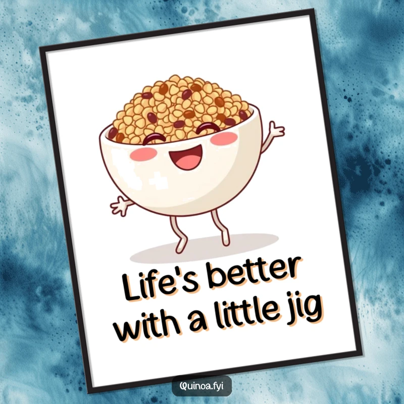 Funny Free Printable Wall Art: Anthropomorphic quinoa bowl with legs doing a happy jig, bringing quirky charm to any room.
