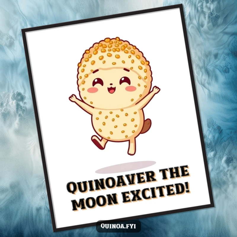 Funny Free Printable Wall Art: A happy anthropomorphic quinoa serving leaps with gusto, adding playful humor to walls.