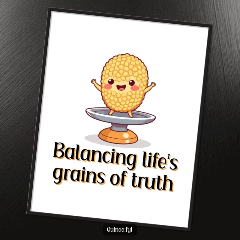 Funny Free Printable Wall Art: Quinoa grain character performing an impressive balance act on a tiny spinning plate, for unique decor.