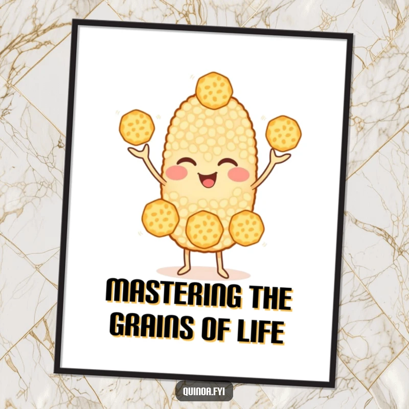 Funny Free Printable Wall Art: Cheerful quinoa character winking while juggling smaller grains, adding playful charm to walls.