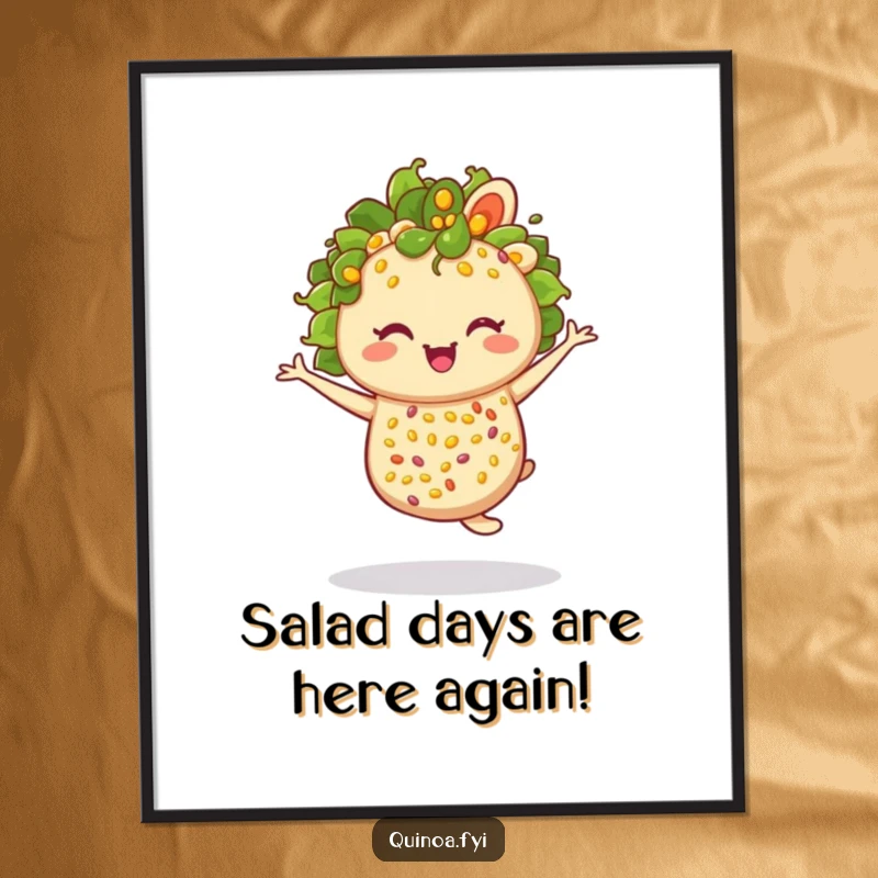 Funny Free Printable Wall Art: A joyful, winking quinoa salad performs a twirl, bringing whimsical humor to your space.