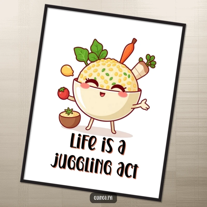 Funny free printable wall art of a winking bowl of quinoa character skillfully juggling cooking ingredients, adding playful decor.