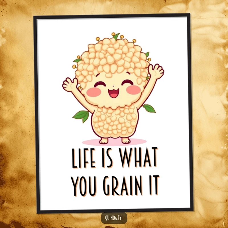 Funny Free Printable Wall Art: A whole smiling bunch of anthropomorphic quinoa with arms waves happily hello.