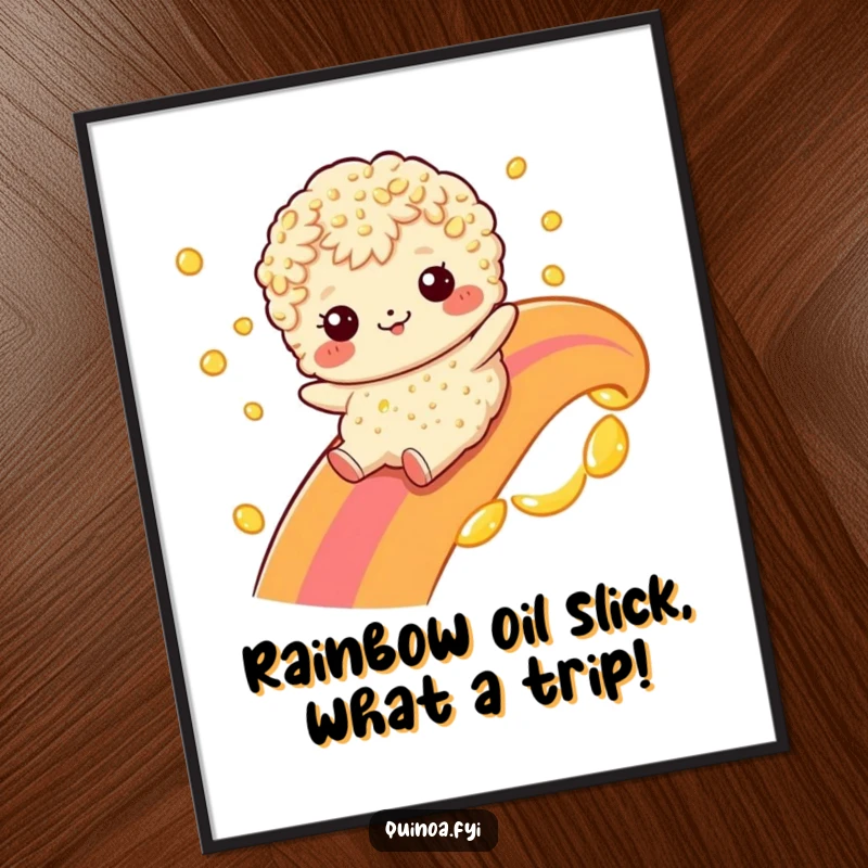 Funny Free Printable Wall Art: A quirky quinoa character slides down a bizarre rainbow made of oil, adding humor.