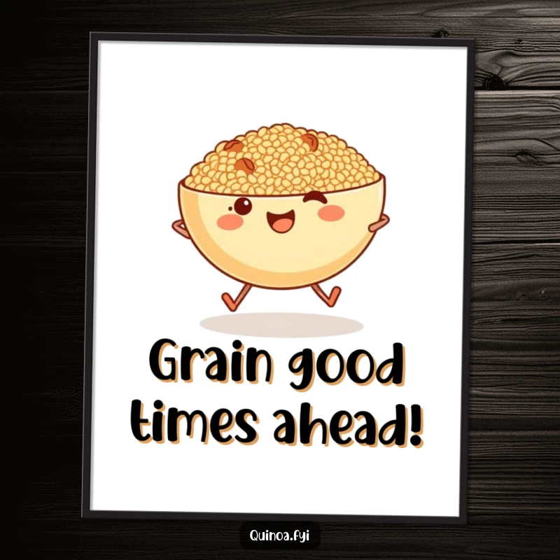 Funny Free Printable Wall Art: A cheerful bowl of quinoa with tiny legs skips with joy, adding humor to your walls.