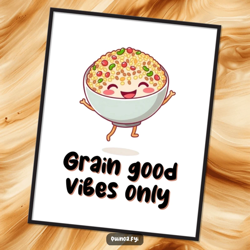 Funny Free Printable Quinoa Wall Art: A grinning bowl of quinoa doing a hilarious dance with comical stubby noodle legs.