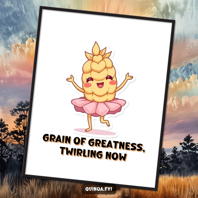 Funny Free Printable Wall Art: Wobbly anthropomorphic grain of wheat in a tutu performing a playful dance pose.
