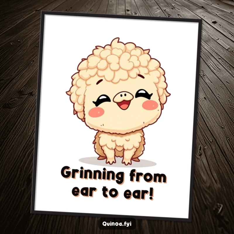 Funny Free Printable Wall Art: Giggling quinoa creature displays an enormous, excited smile, radiating pure happiness.