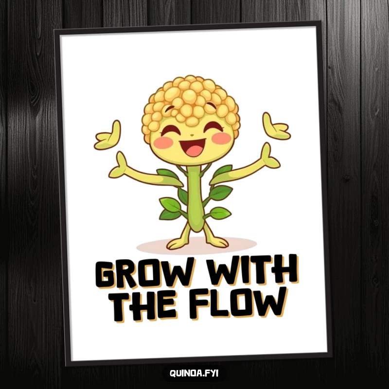 Funny Free Printable Wall Art: A joyful quinoa plant character with leafy arms outstretched in a happy, welcoming pose.